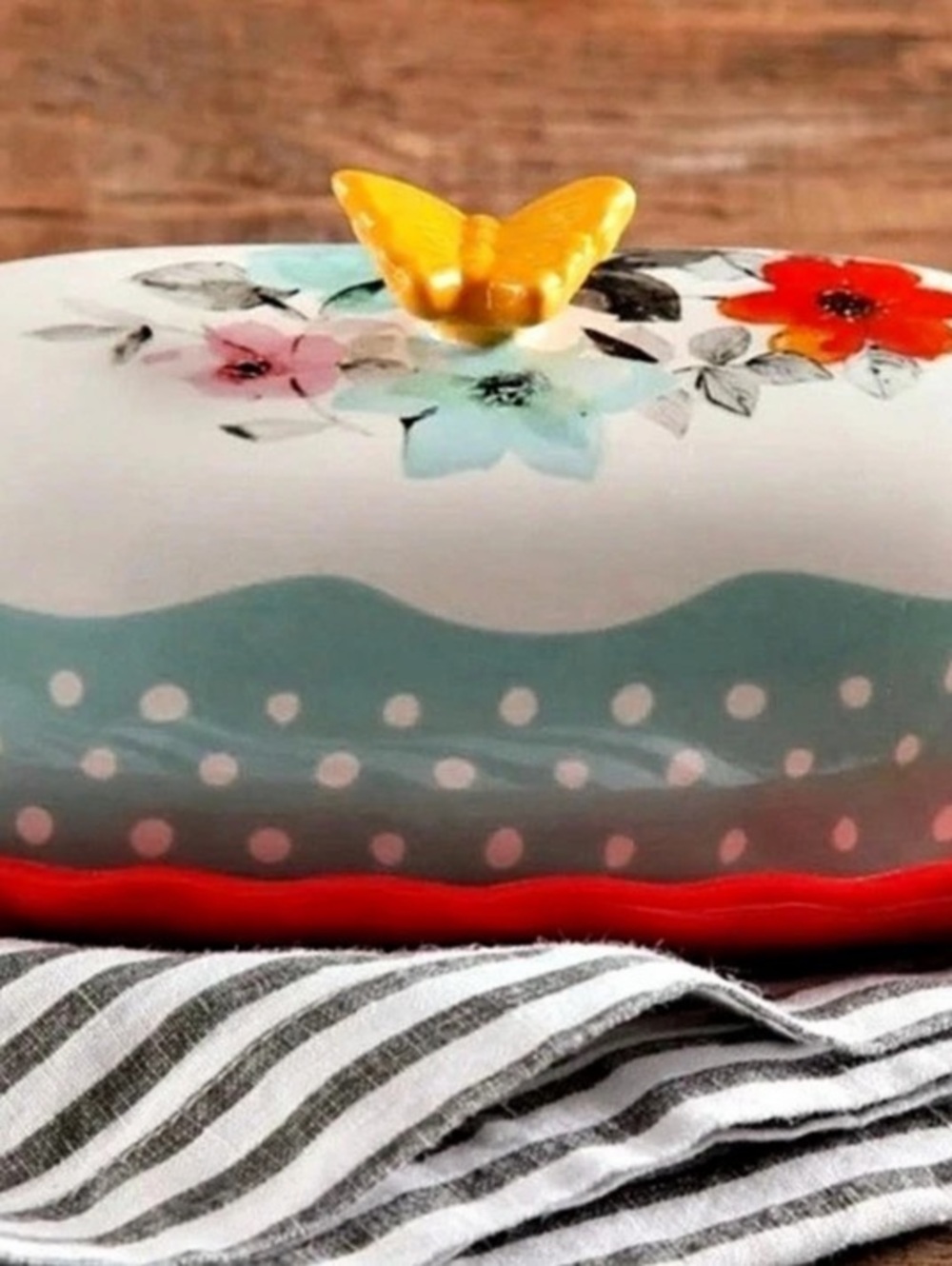 The Pioneer Woman Flea Market Floral Covered Butter Dish With Yellow Butterfly